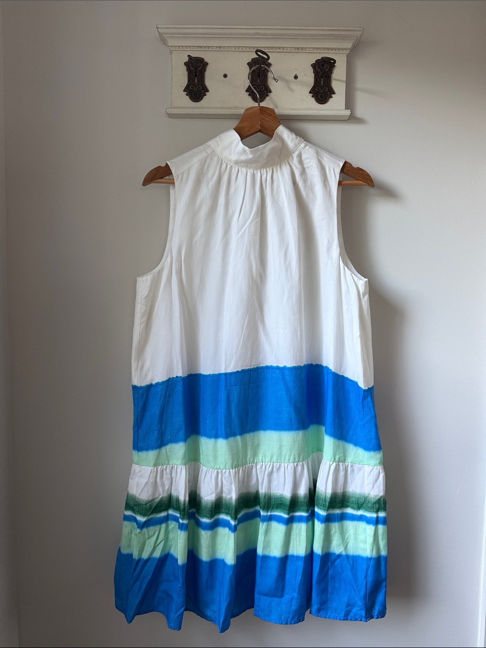 Marie Oliver Ali Flounce Dress in White with Blue & Mint Stripe Bands Summer